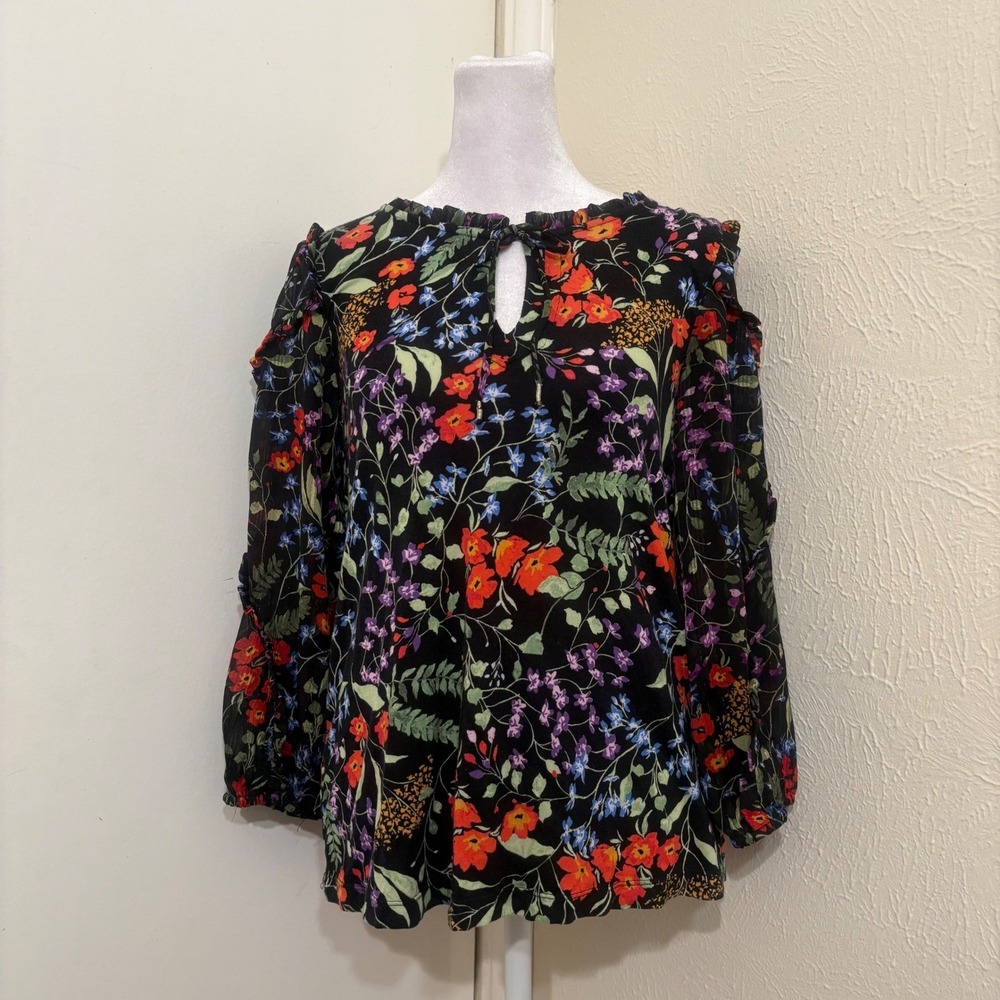 Maeve Anthropologie XS Black Floral Ruffle Botanical Puff Sleeve Blouse Top